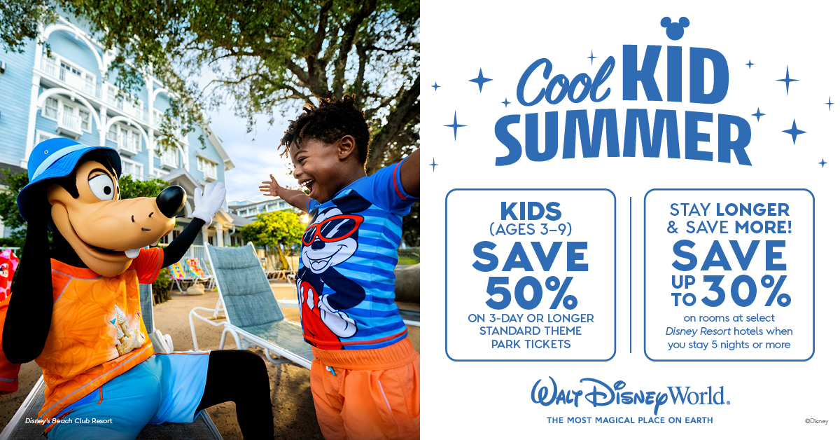 Cool Kid Summer at Walt Disney World | Kids (Ages 3-9) Save 50% on 3-Day or Longer Standard Theme Park Tickets FY25_WDW_TAS_Q4 Kids Ticket Offer_Kids Ticket and Broad Room Offer_Social_1200x628_4614803