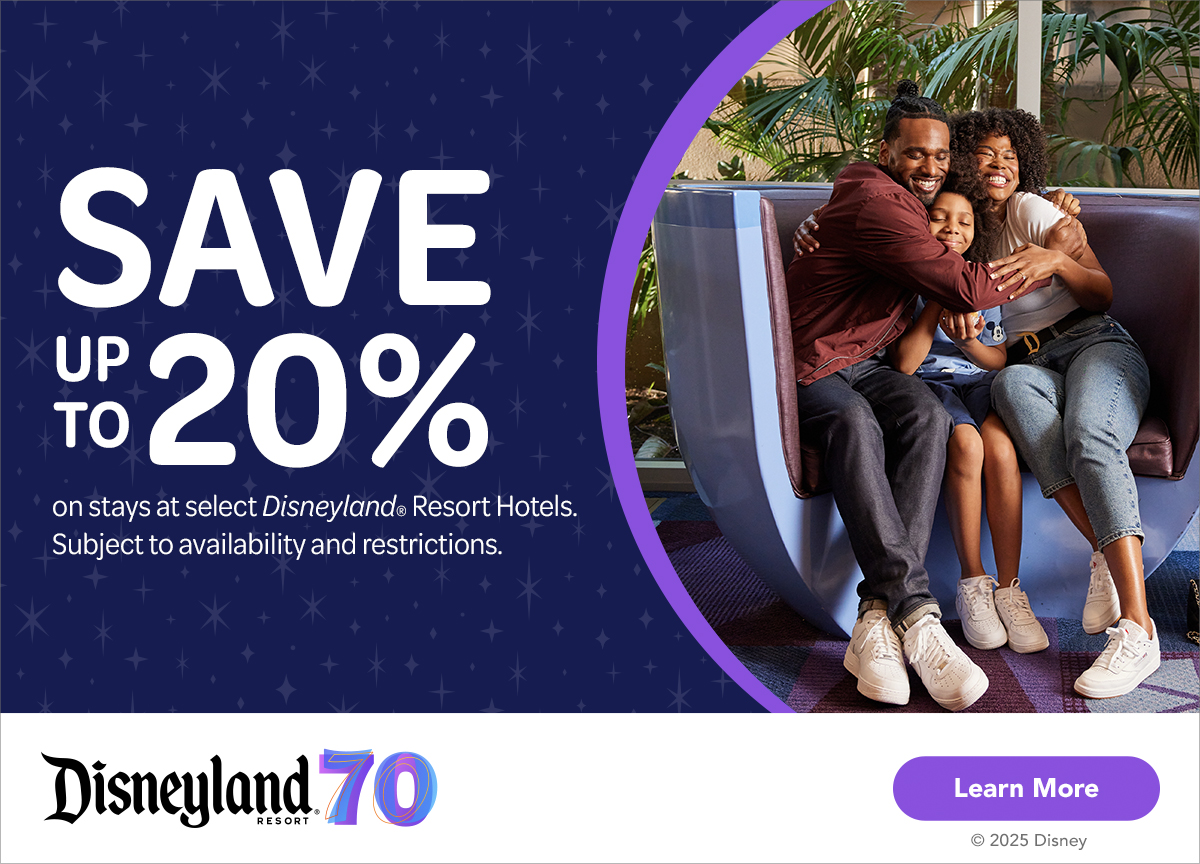 Save Up to 20% on Select Stays at a Disneyland Resort Hotel FY25_DLR_70th Fall Season with Hotel Offer_Static Web Banners_4946651_1200x864