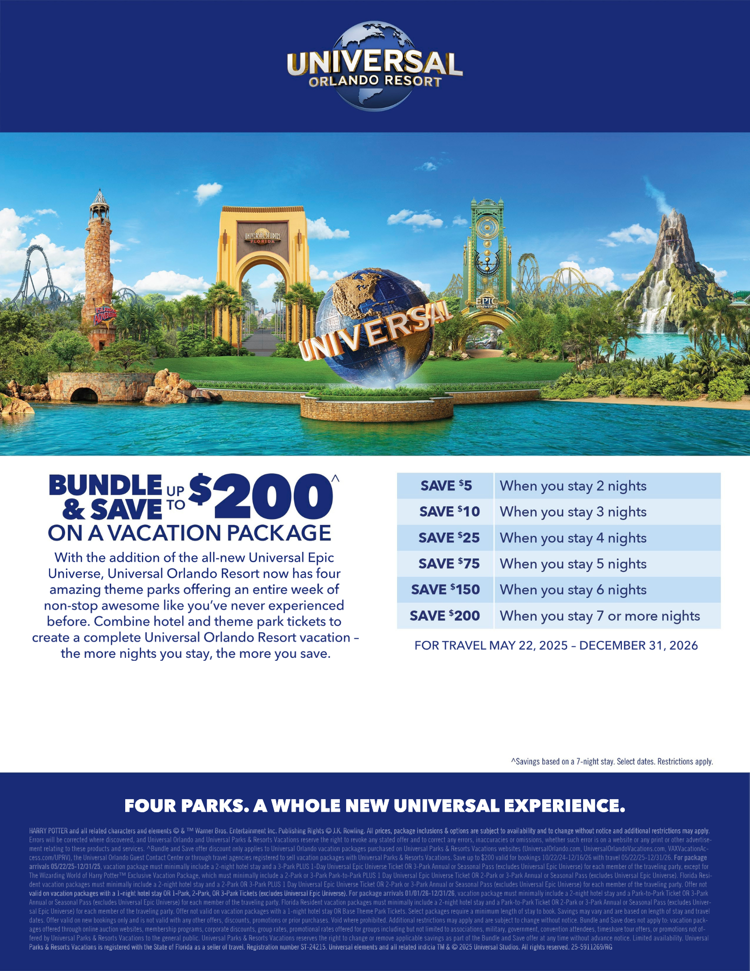 Bundle & Save up to $200 on a Vacation Package at Universal Orlando Bundle and Save - Flyer - 4-Park Destination